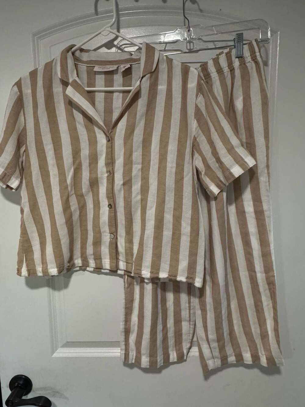 Striped Pajama Set Button Front Lounge Pants Beige White Size S